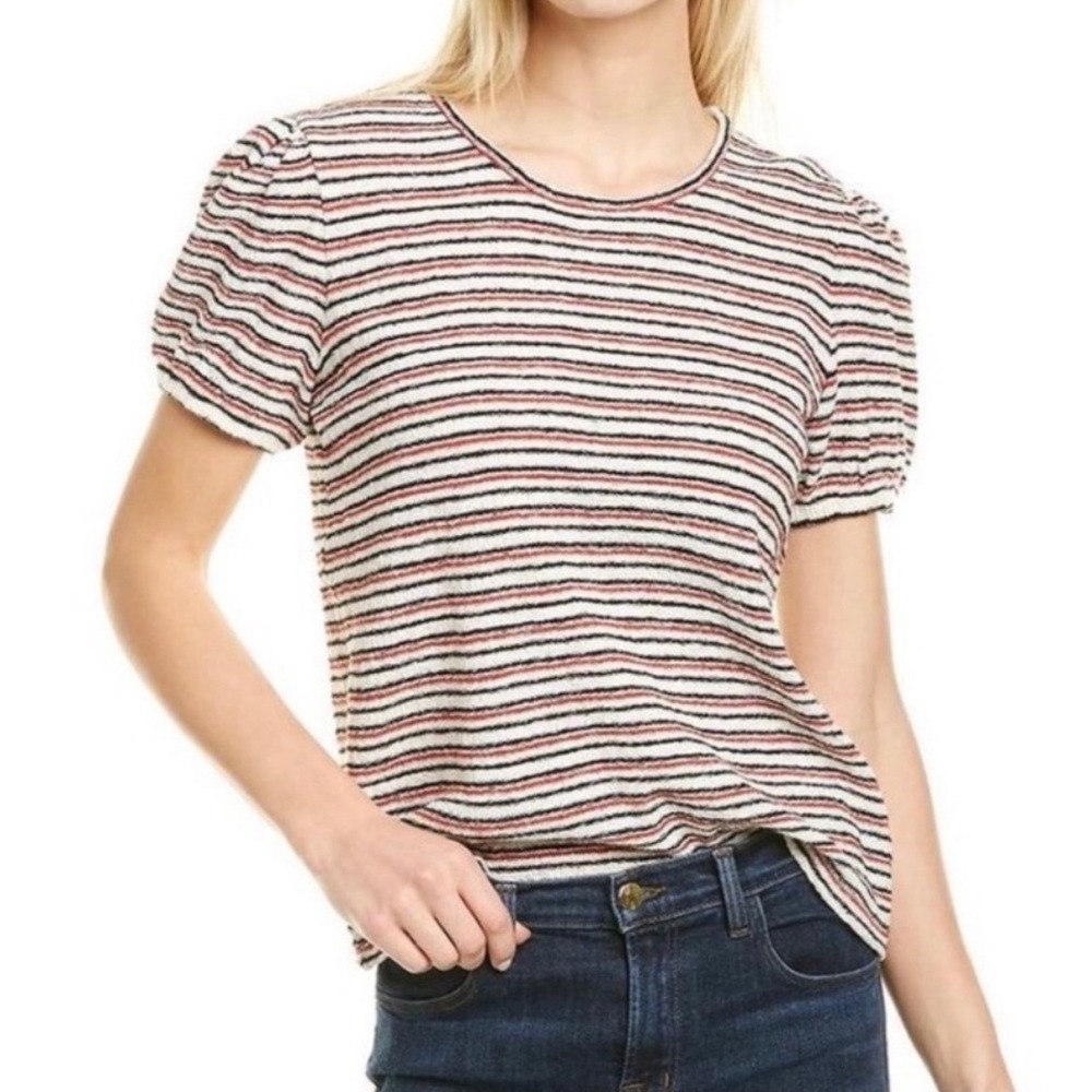Madewell Womens Striped Puff Sleeve Textured Knit Scoop Neck Top Rust Black L